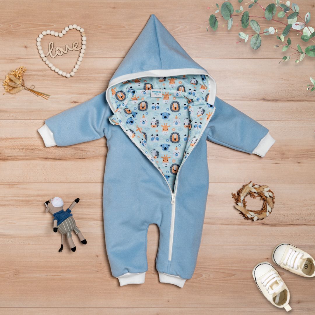 Wollfleece Overall "Süße Tiere" blau