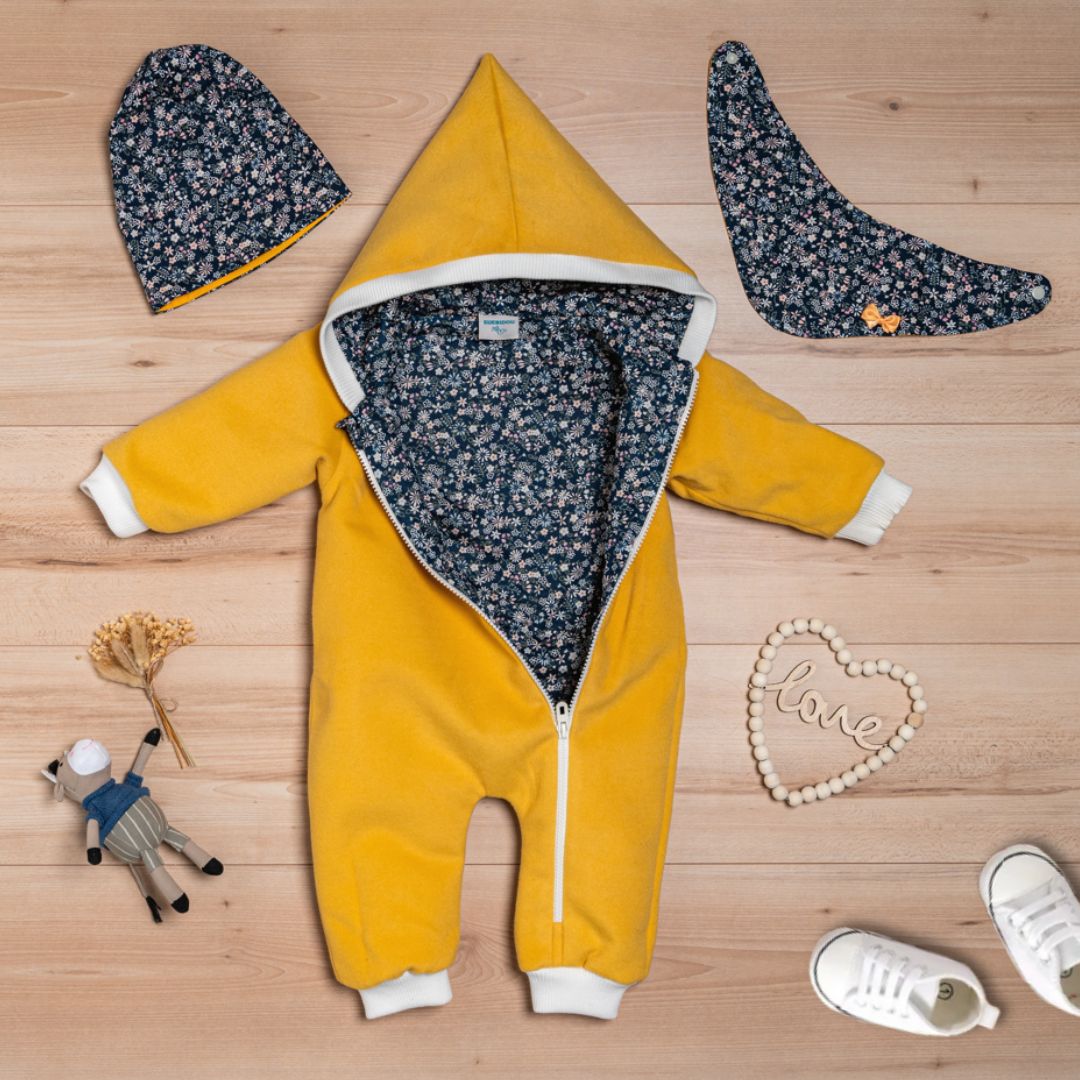 Wollfleece Overall "Blumenmuster" senfgelb