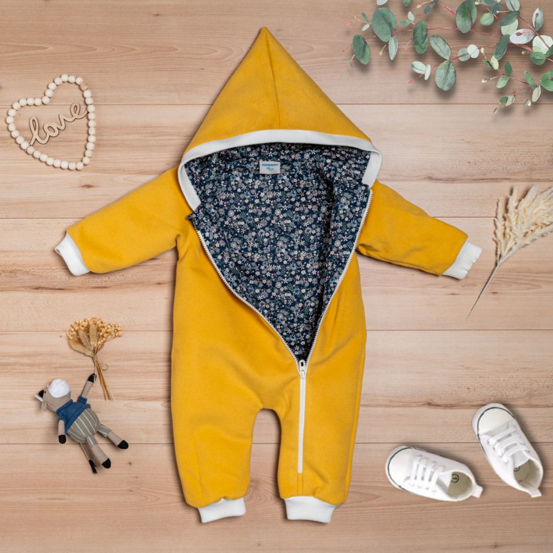 Wollfleece Overall "Blumenmuster" senfgelb