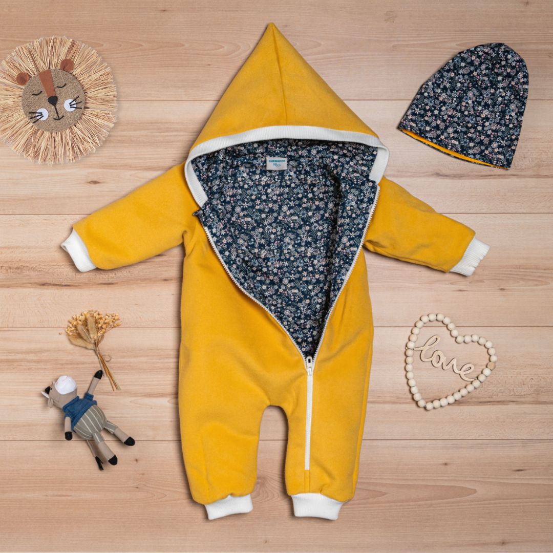 Wollfleece Overall "Blumenmuster" senfgelb