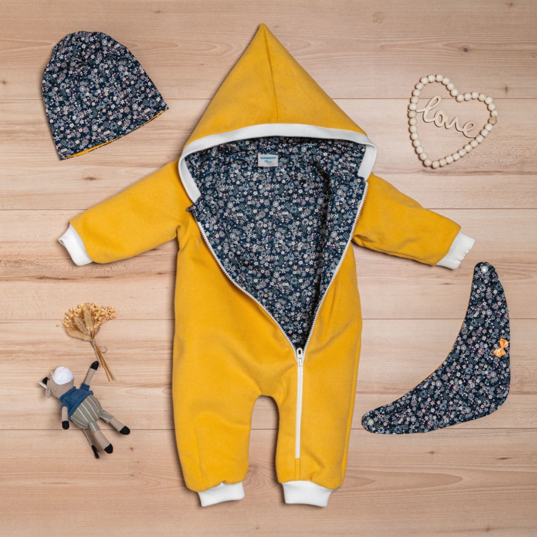 Wollfleece Overall "Blumenmuster" senfgelb