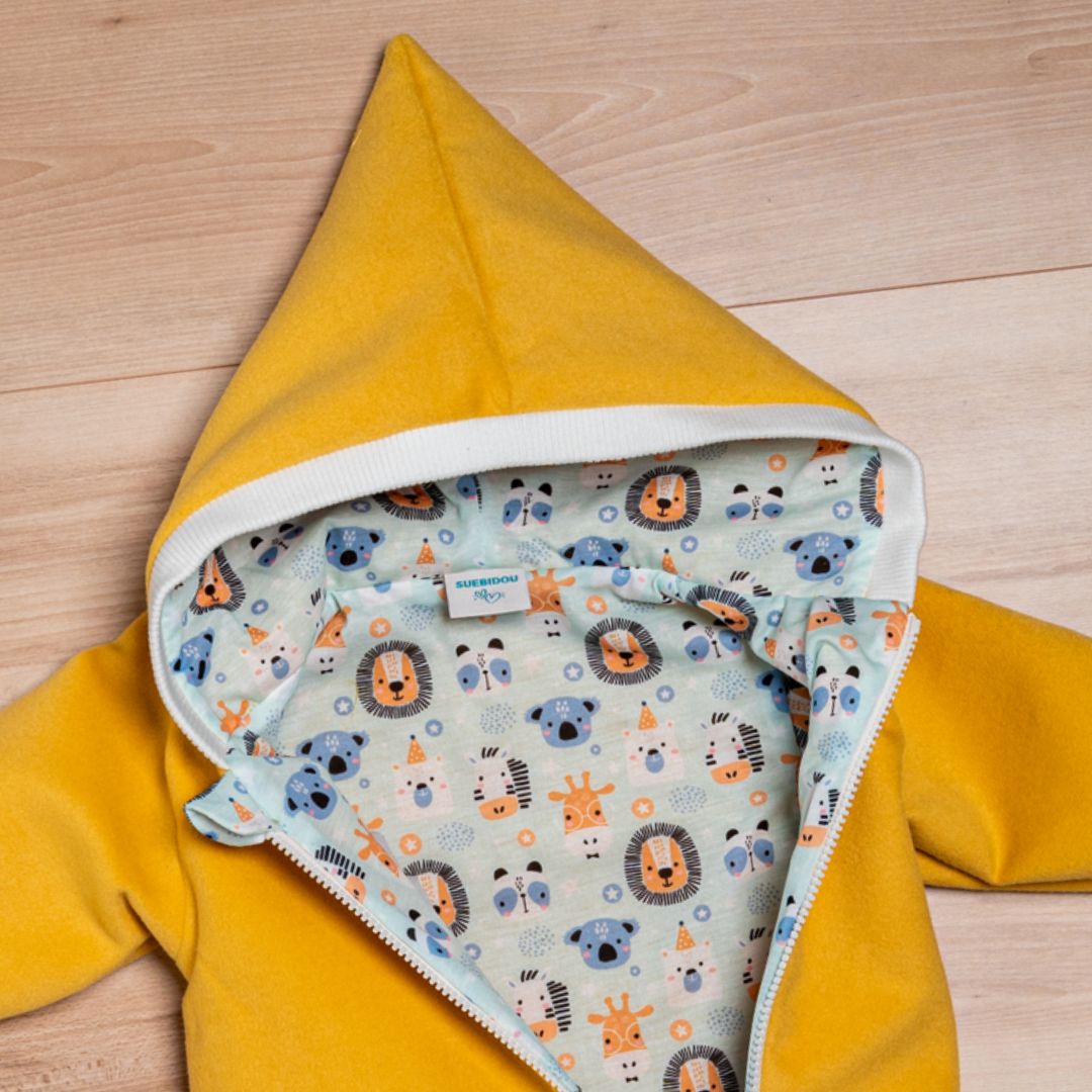 Wollfleece Overall "Süße Tiere" senfgelb