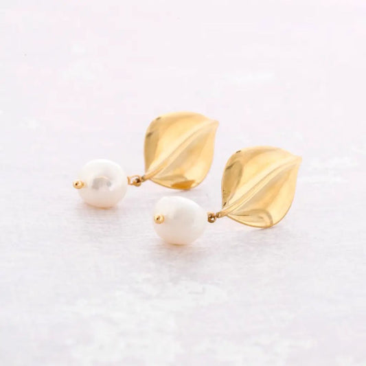 Damen Perlenblatt-Ohrringe gold/weiß