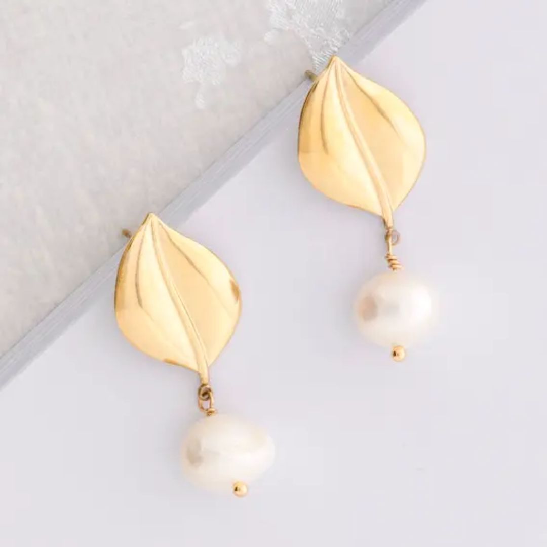 Damen Perlenblatt-Ohrringe gold/weiß