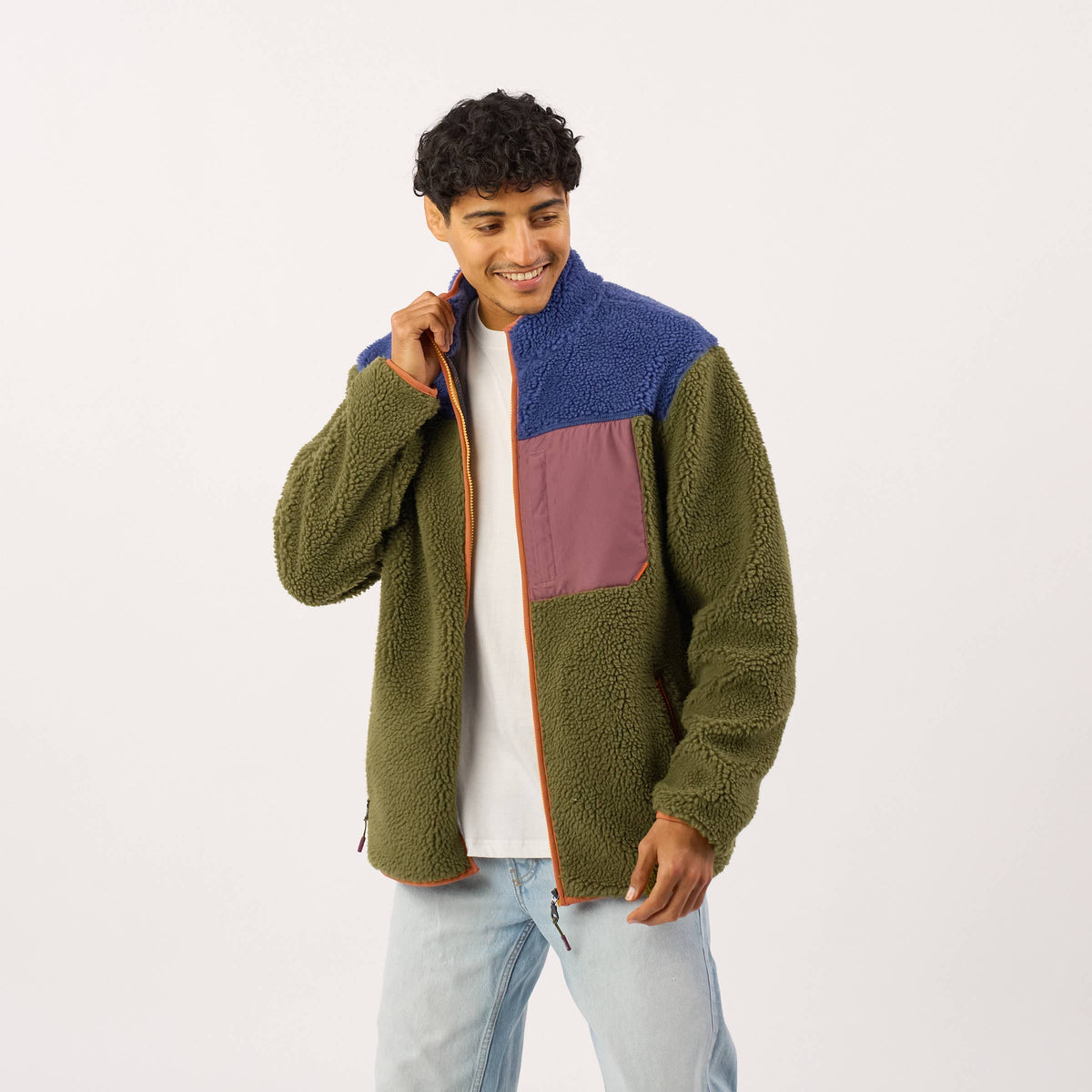 Unisex Sherpa-Jacke mit Reißverschluss blau und khaki