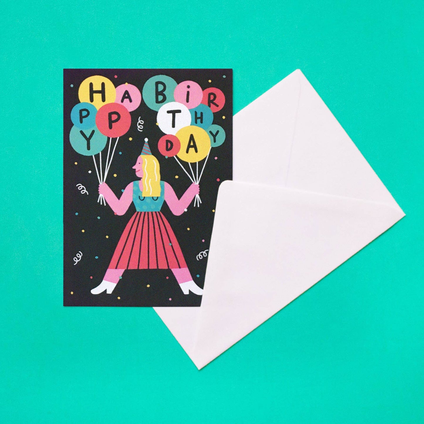 A6 Postkarte 'Happy Birthday Mädchen mit Luftballons'