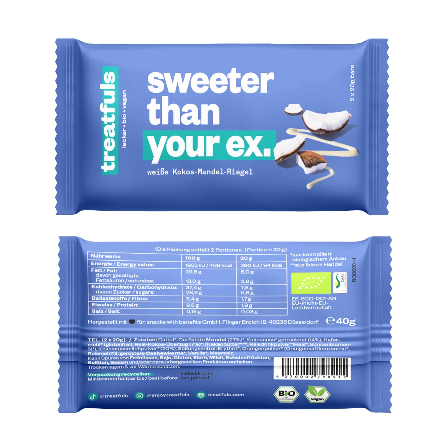 Schokoriegel 'Kokus/Mandel - sweeter than your ex' weiße Schokolade