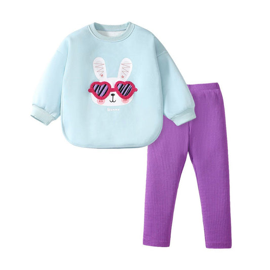 Set Sweatshirt blau Hase und Leggings lila