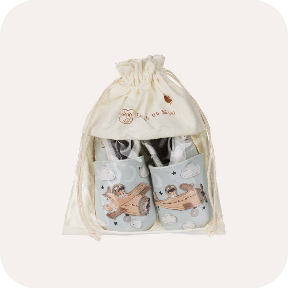 Kinder Hausschuhe aus Leder mit Fliefermotiv blau