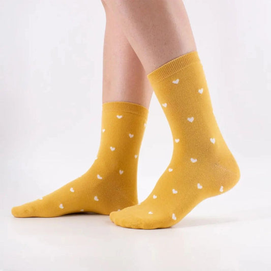 Damen Socken lang mit weißen Herzen gelb