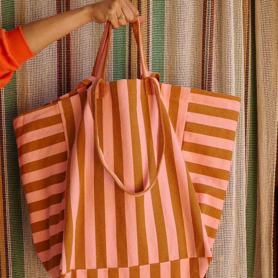 Damen Tasche Shopper Elisa Streifen karamell/erdbeere