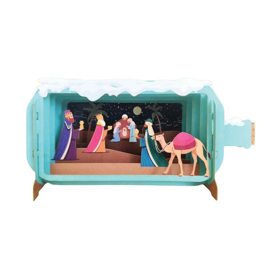Dimensionale Pop Up Weihnachtskarte mit Umschlag 'Krippe türkis'