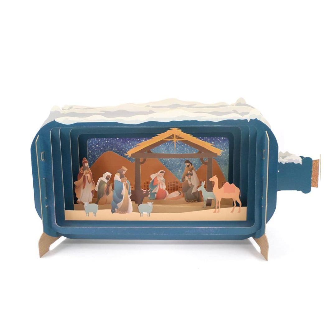 Dimensionale Pop Up Weihnachtskarte mit Umschlag 'Krippe blau'
