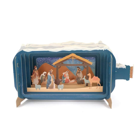 Dimensionale Pop Up Weihnachtskarte mit Umschlag 'Krippe blau'
