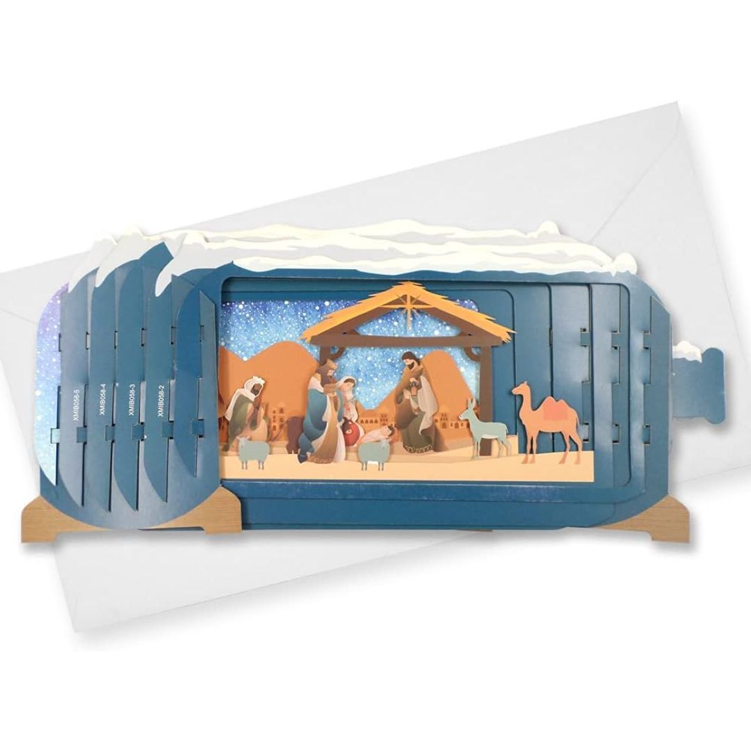 Dimensionale Pop Up Weihnachtskarte mit Umschlag 'Krippe blau'