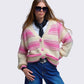 Damen Grobstrick-Cardigan mit Streifen rosa/creme