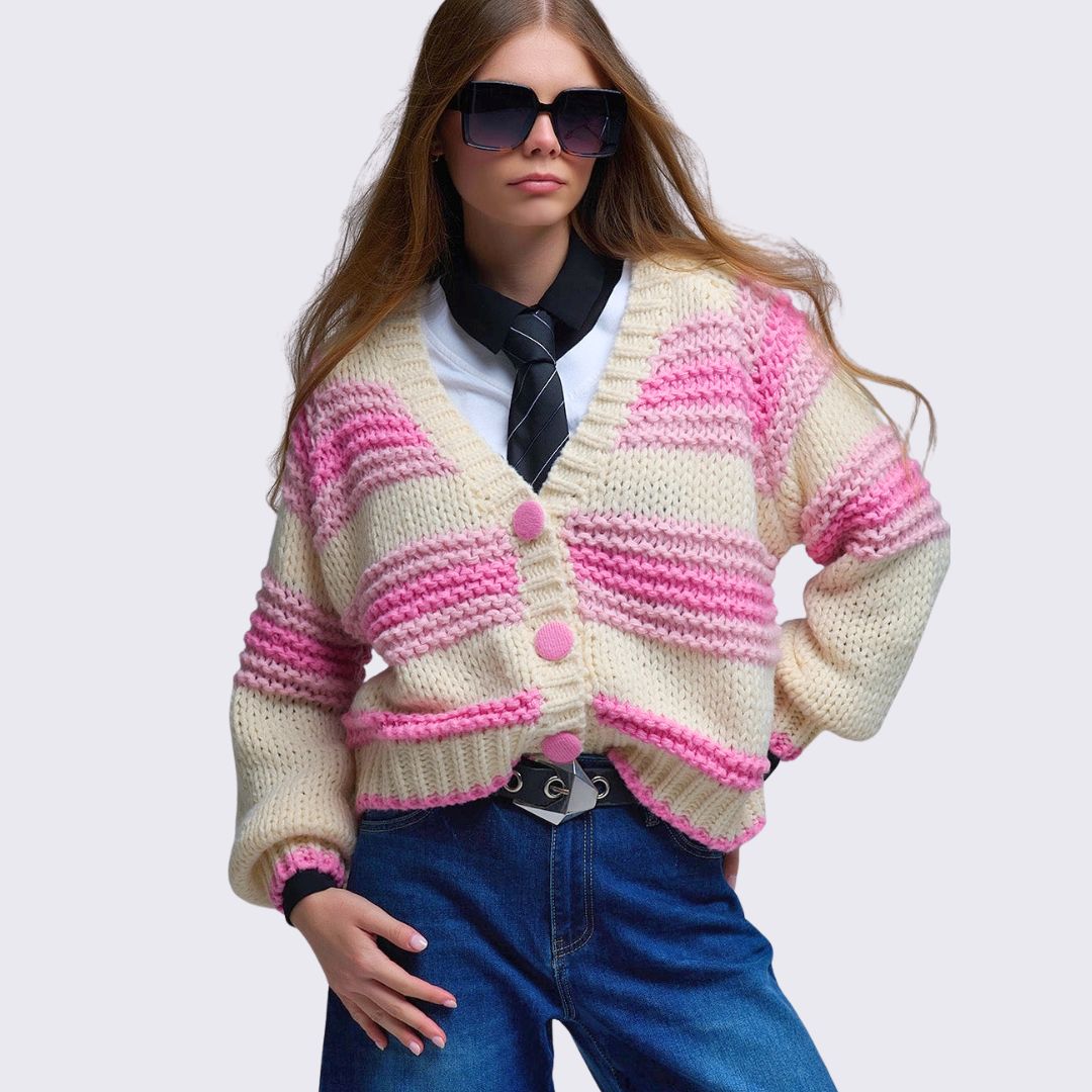 Damen Grobstrick-Cardigan mit Streifen rosa/creme