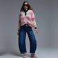 Damen Grobstrick-Cardigan mit Streifen rosa/creme
