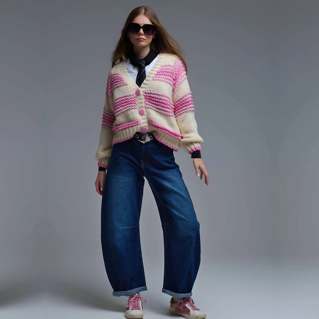 Damen Grobstrick-Cardigan mit Streifen rosa/creme