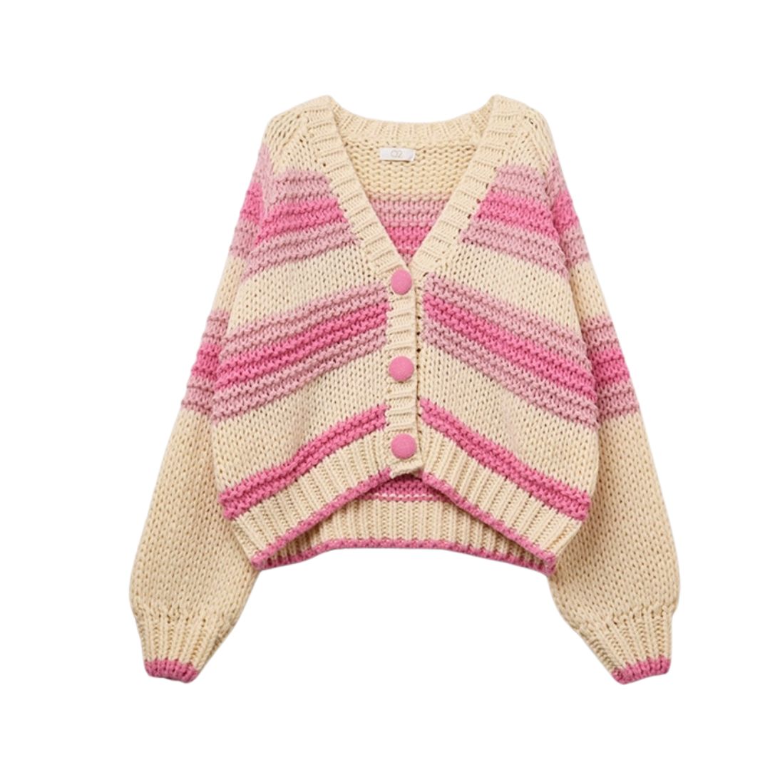 Damen Grobstrick-Cardigan mit Streifen rosa/creme