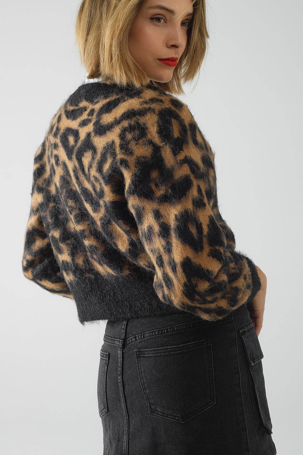 Leopardenmuster Strickjacke aus Wollstrick in Camel