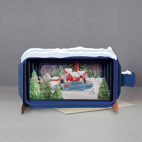 Dimensionale Pop Up Weihnachtskarte mit Umschlag 'Eislaufen im Wald'