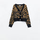 Leopardenmuster Strickjacke aus Wollstrick in Camel