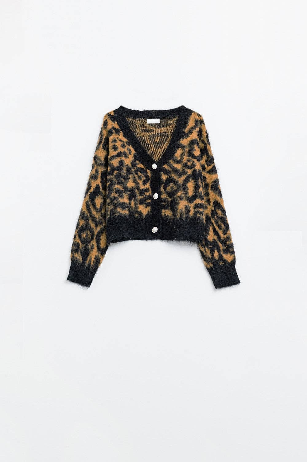 Leopardenmuster Strickjacke aus Wollstrick in Camel