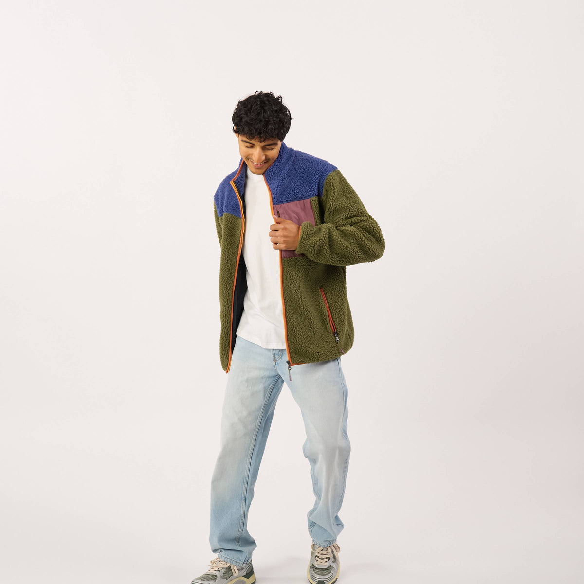 Unisex Sherpa-Jacke mit Reißverschluss blau und khaki