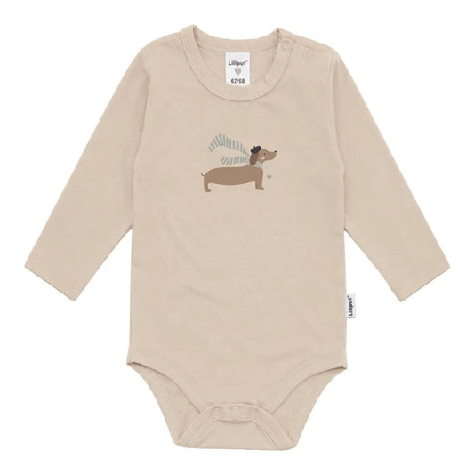 Baby Langarmbody mit Print 'Dackel' beige