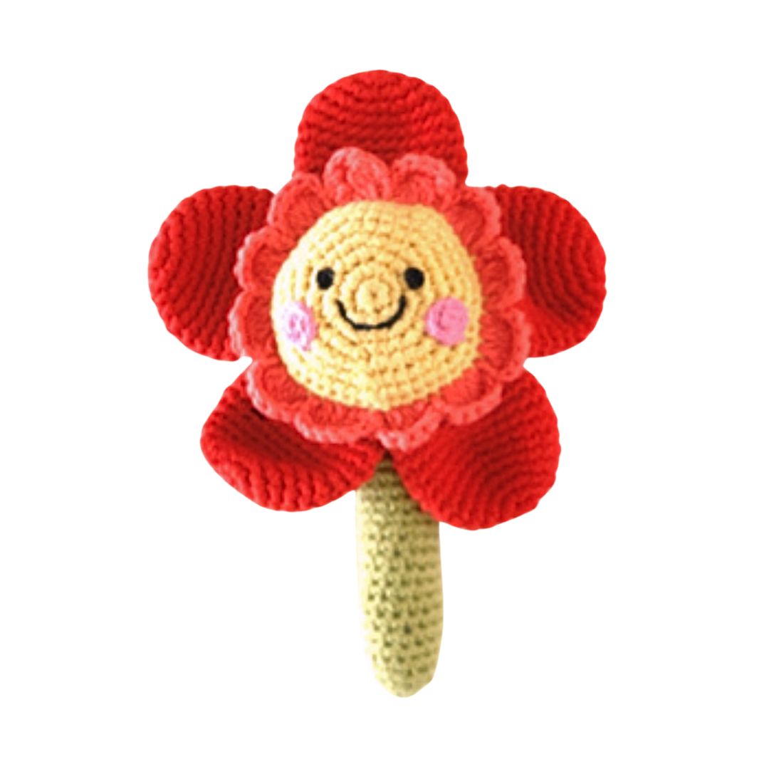 Handgemachte Baby Rassel 'Blume mit Stiel' rot