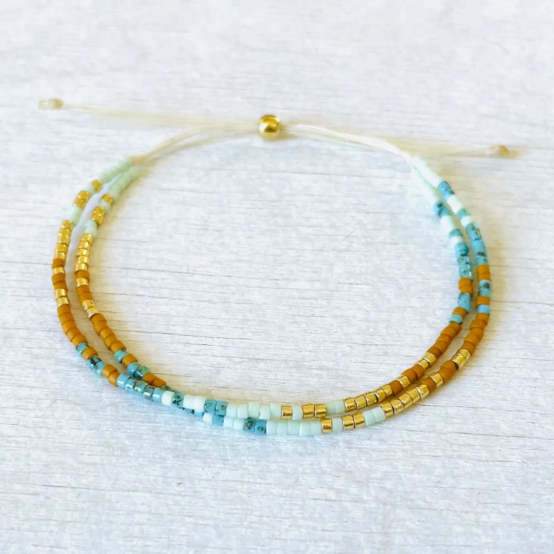 Damen Armband Double 'Miyuki Perlen' blau/ocker/gold