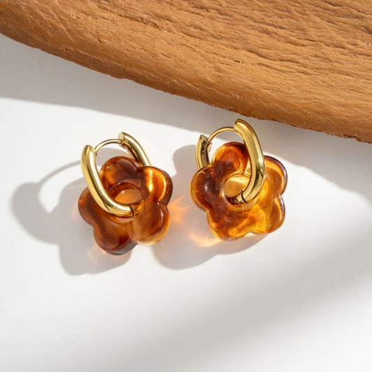 Damen Creolen gold mit bunten Harzblumen braun
