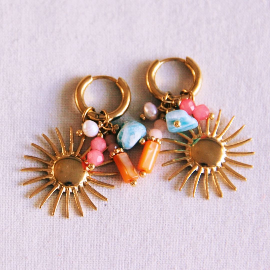 Damen Ohrringe Creolen gold mit Sonne und farbigen Appilkationen