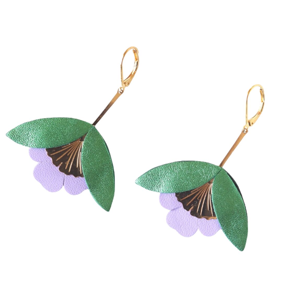 Damen Ohrringe 'Ginkgo-Blüten' metallic grün/mauve