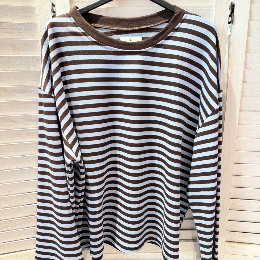 Damen T-Shirt LS gestreift blau/choco