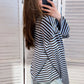 Damen T-Shirt LS gestreift blau/choco
