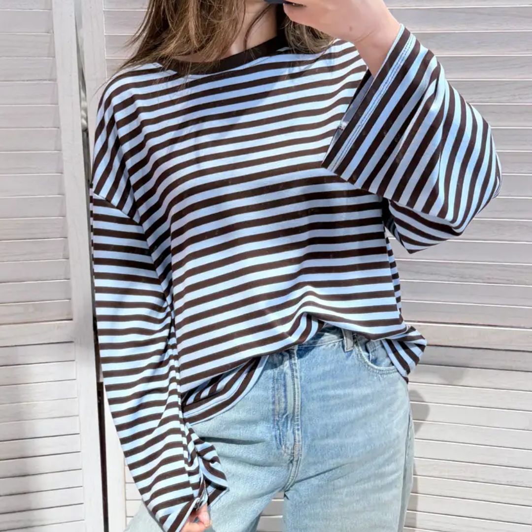Damen T-Shirt LS gestreift blau/choco
