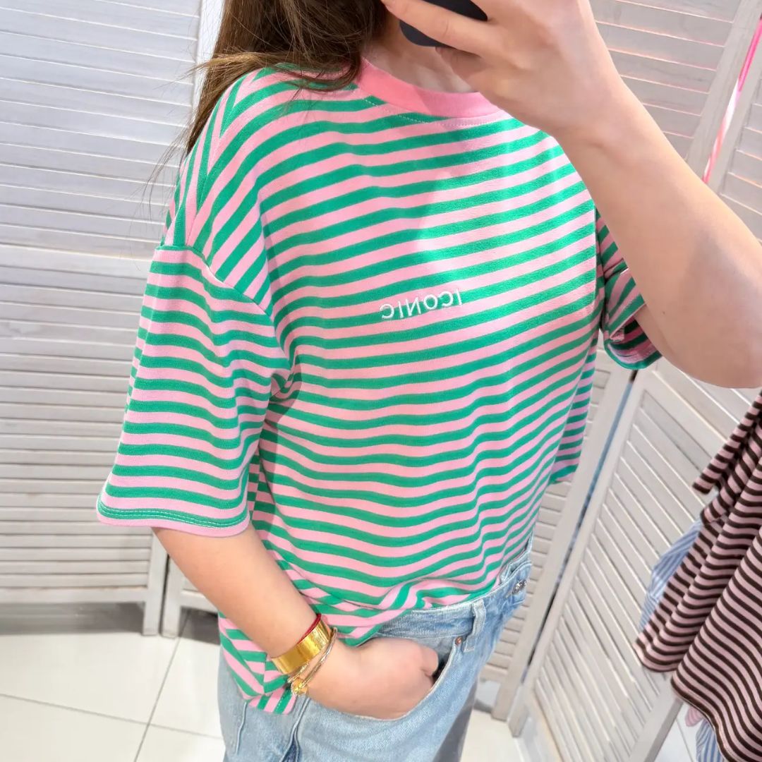 Damen T-Shirt gestreift grün/rosa/rosa