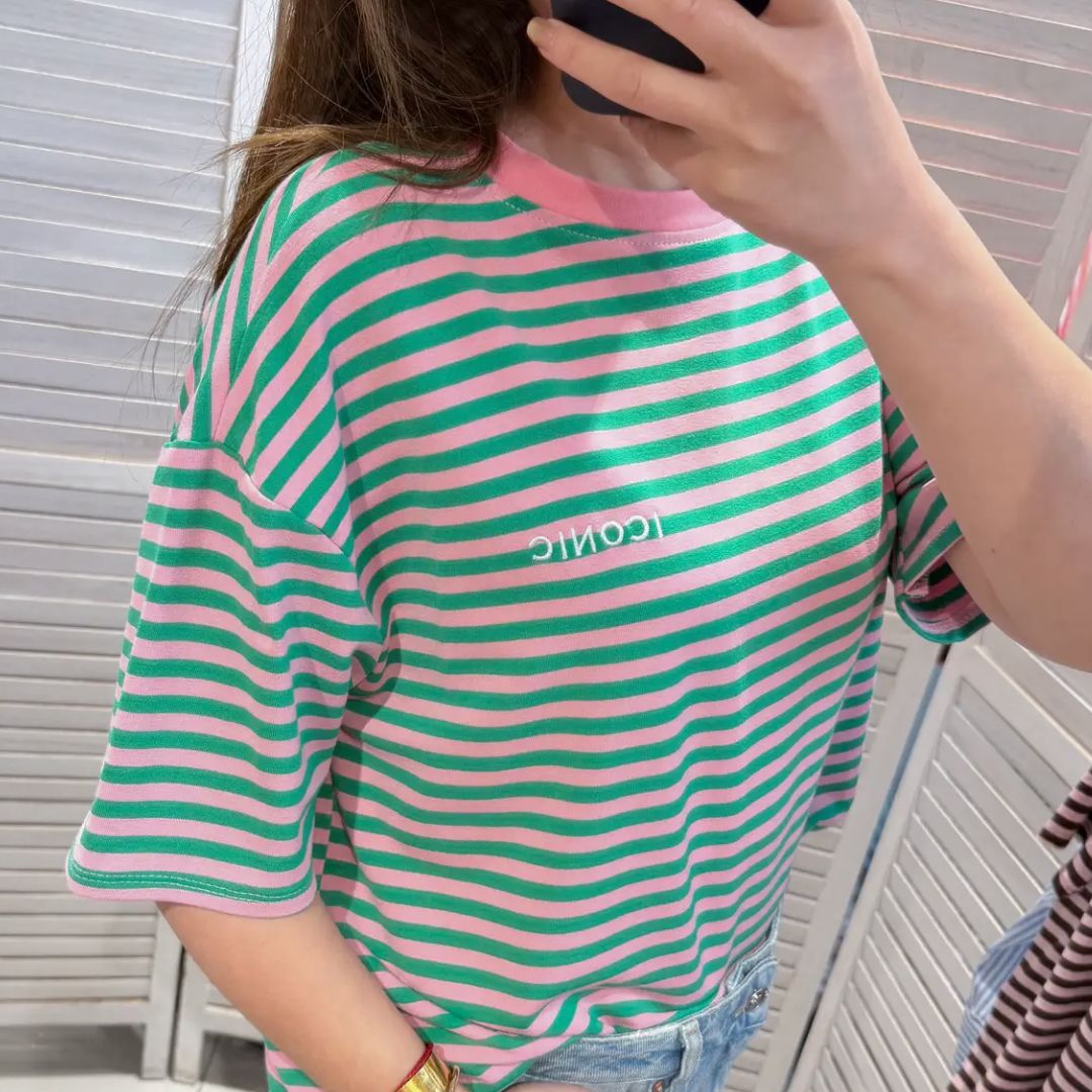 Damen T-Shirt gestreift grün/rosa/rosa