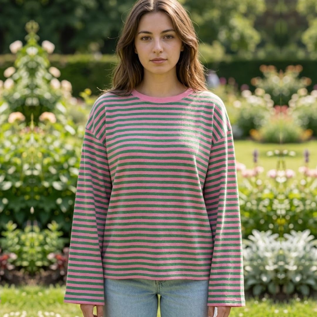 Damen T-Shirt LS gestreift rosa/grün
