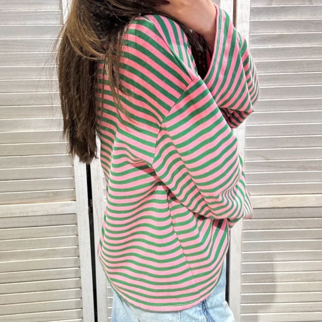 Damen T-Shirt LS gestreift rosa/grün