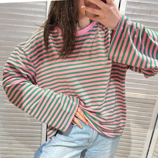 Damen T-Shirt LS gestreift rosa/grün
