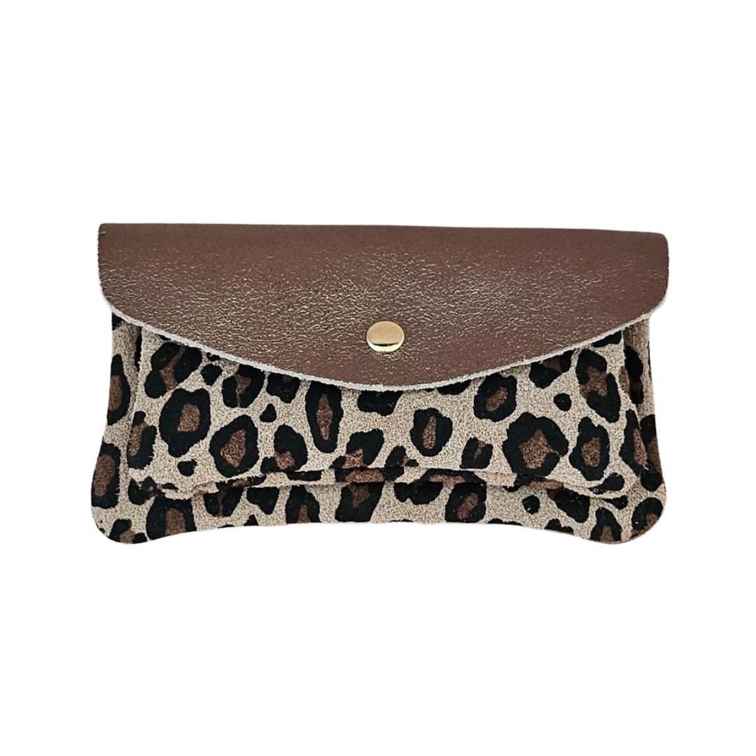 Damen Brieftasche aus Leder Taupe/Leo-Beige