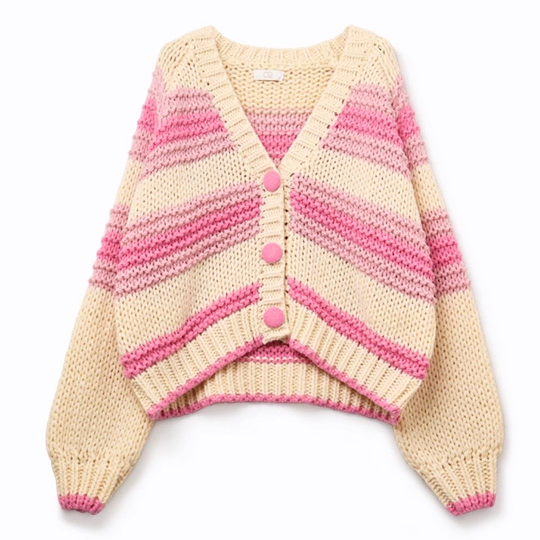 Damen Grobstrick-Cardigan mit Streifen rosa/creme