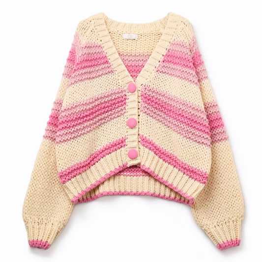 Damen Grobstrick-Cardigan mit Streifen rosa/creme