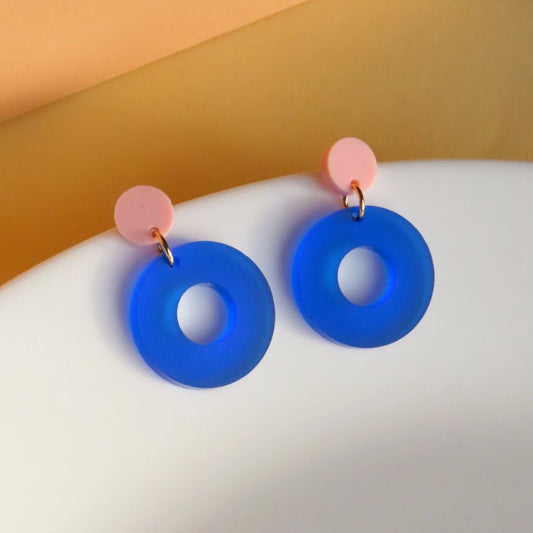 Damen Ohrringe Colorblock Circle rosa/tintenblau