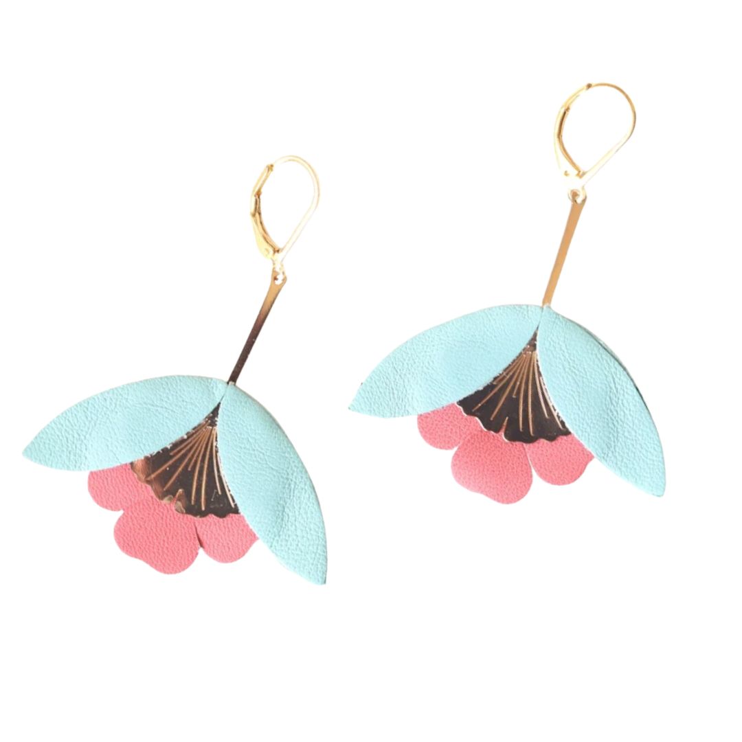 Damen Ohrringe 'Ginkgo-Blüten' helltürkis/pink