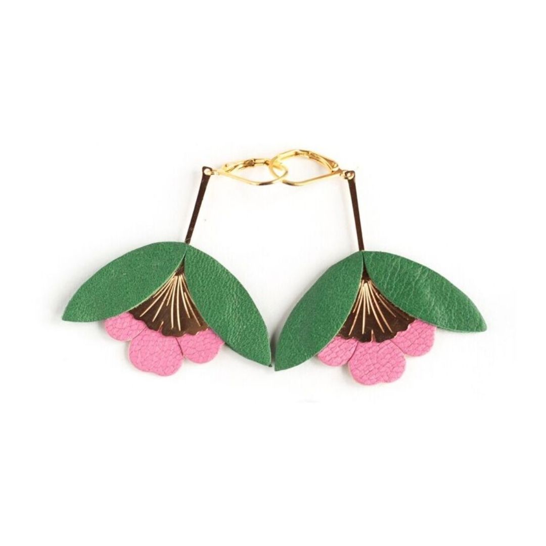 Damen Ohrringe 'Ginkgo-Blüten' grün/pink