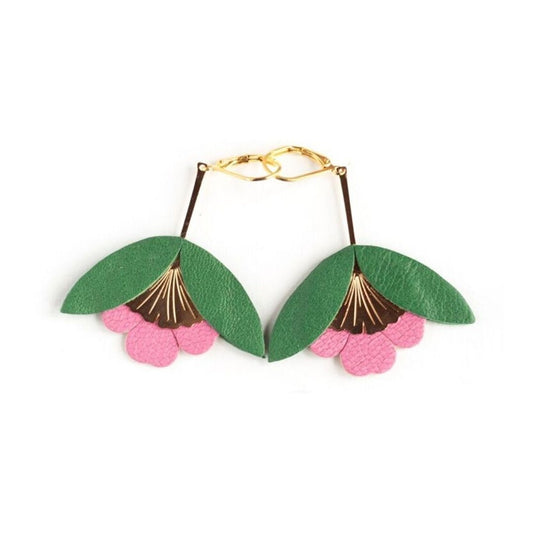 Damen Ohrringe 'Ginkgo-Blüten' grün/pink